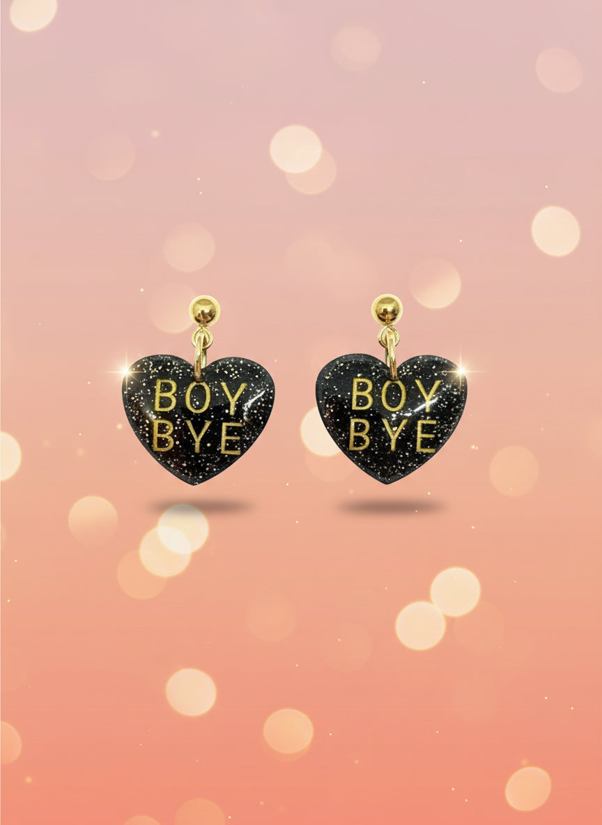 “BOY BYE” Glitter Heart Earrings – Handmade Polymer Clay Sassy Statement Dangles