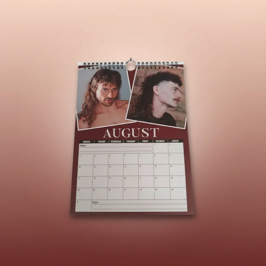 World's Greatest Mullets Calendar featuring August with two mullet hairstyles.