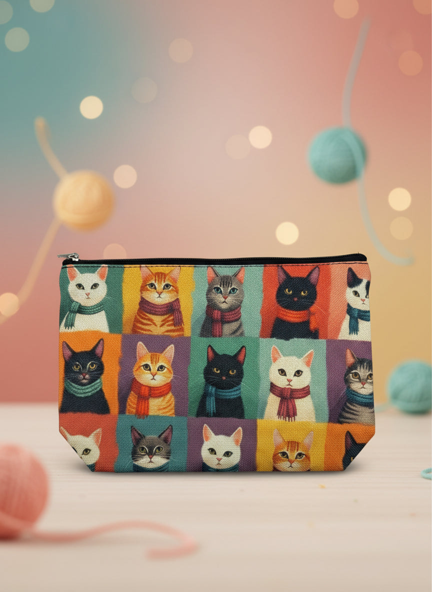 Cats travel cosmetic bag featuring playful cat illustrations with a colorful background and secure zipper closure.