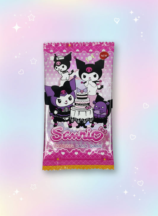 Sanrio trading card game pack with cartoon characters on a purple background