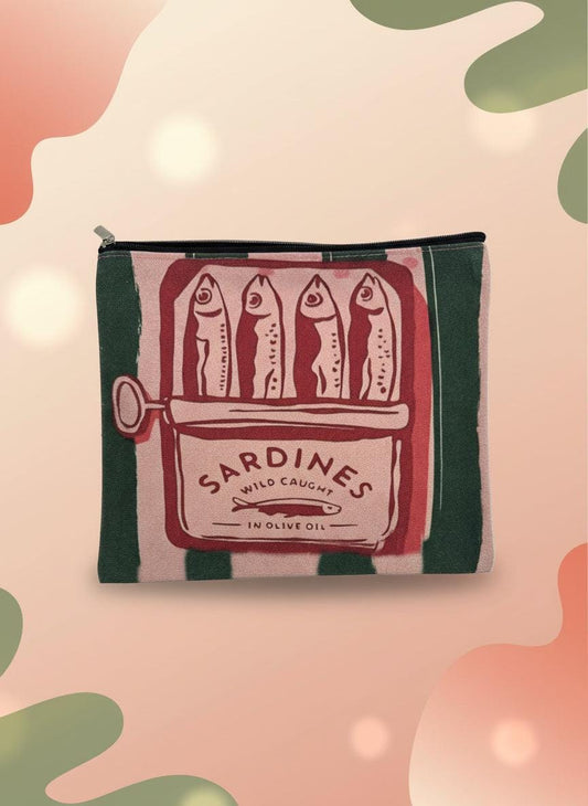 Sardine travel cosmetic bag featuring a quirky sardine can design with a zippered compartment for toiletries and essentials.