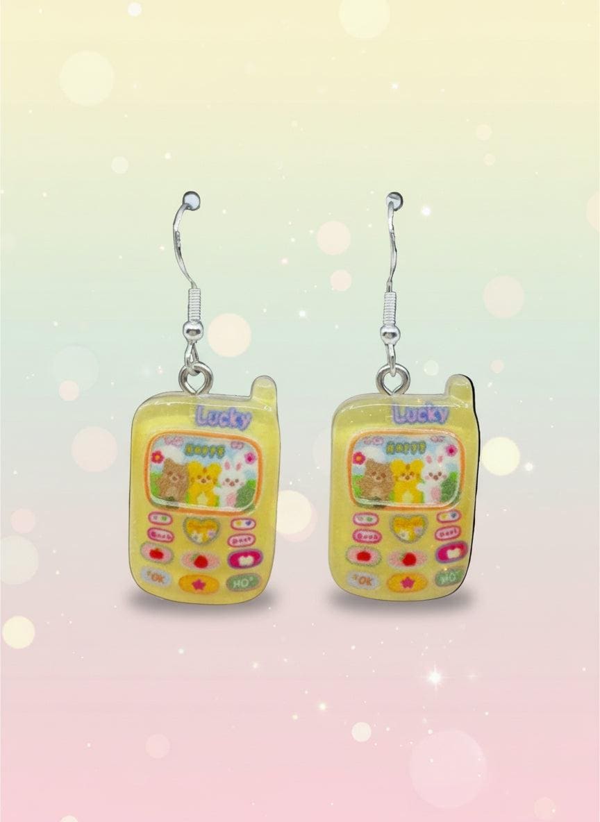 Adorable Kawaii Phone Earrings featuring cute mini phone characters in glossy resin finish.