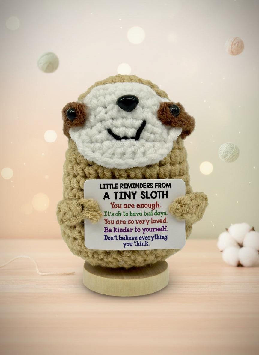 Crocheted sloth toy holding a sign with motivational message on a white background