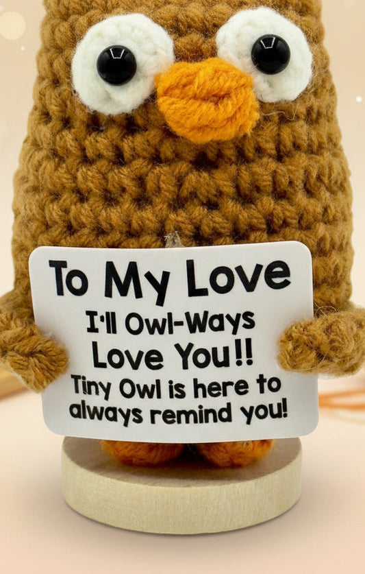Crocheted owl holding a sign with a romantic message on a white background