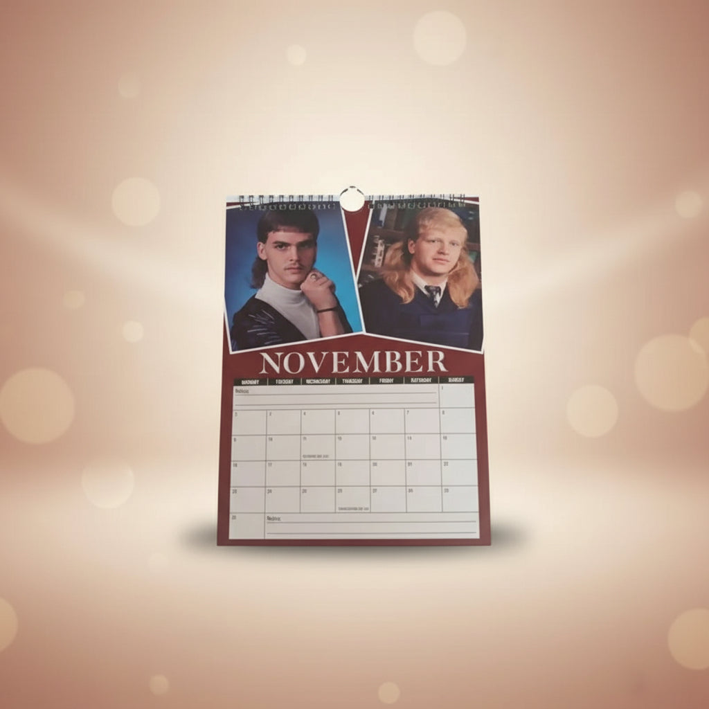 World's Greatest Mullets Calendar page for November featuring iconic mullet hairstyles.