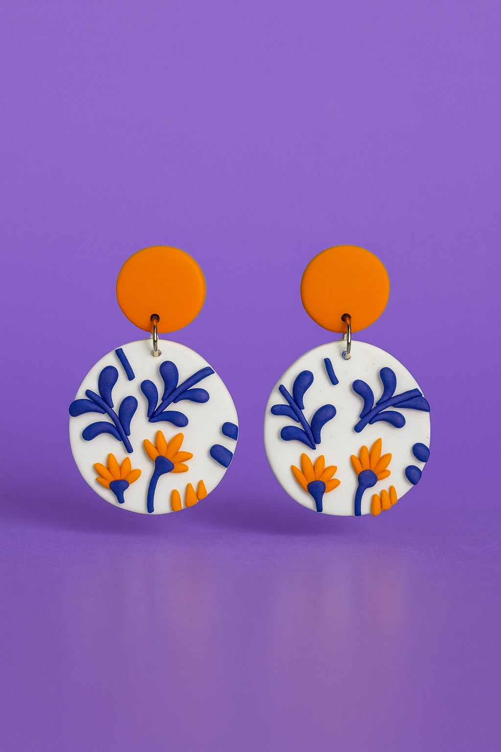 Blue & Orange Floral Circle Earrings – Handmade Polymer Clay Boho Dangle Jewelry