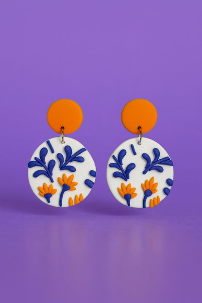 Blue & Orange Floral Circle Earrings – Handmade Polymer Clay Boho Dangle Jewelry