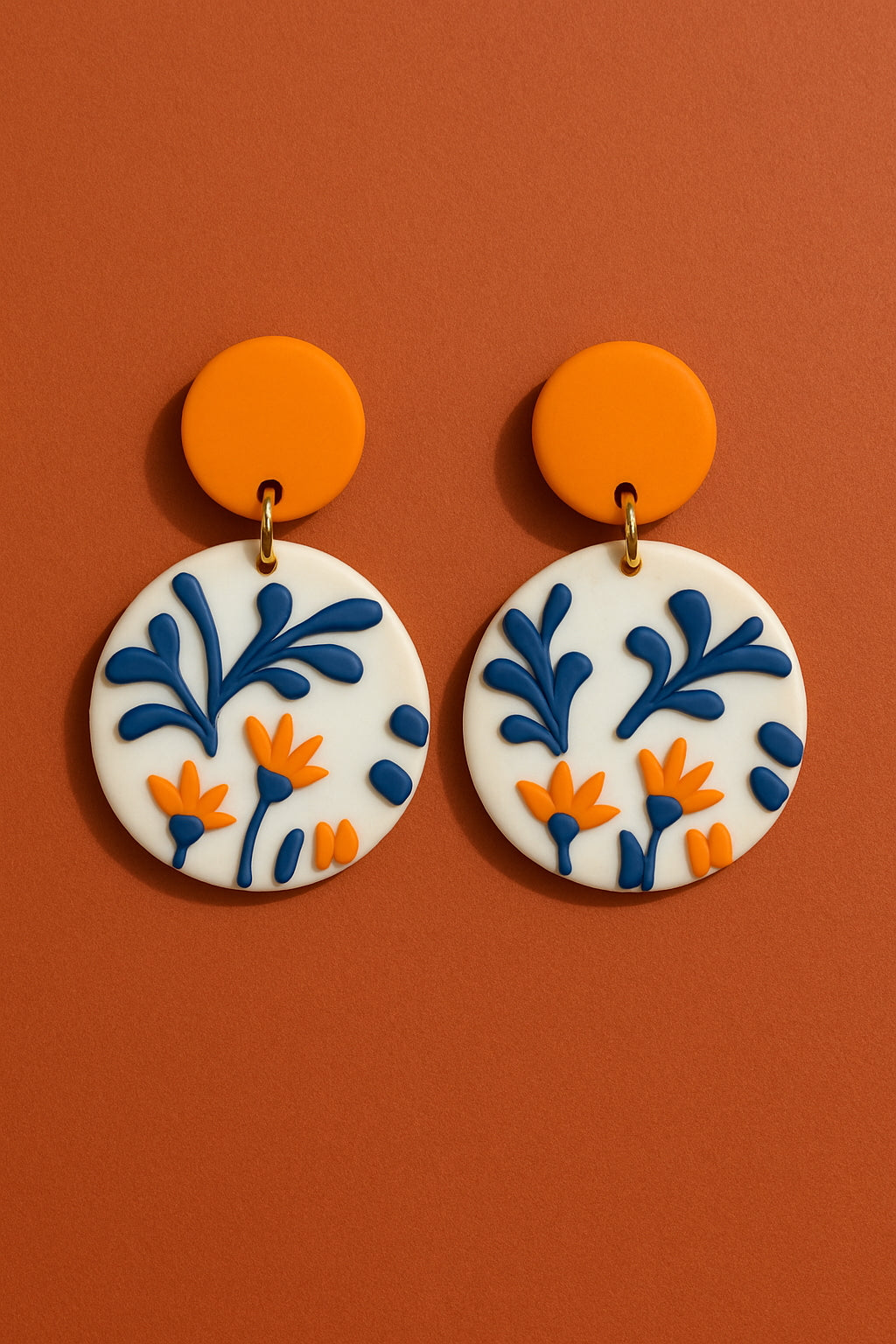 Blue & Orange Floral Circle Earrings – Handmade Polymer Clay Boho Dangle Jewelry
