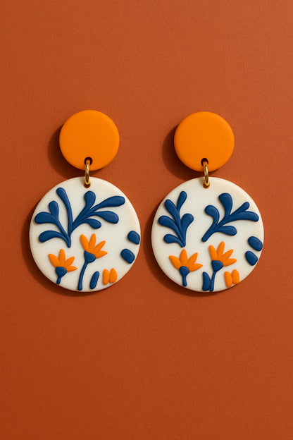 Blue & Orange Floral Circle Earrings – Handmade Polymer Clay Boho Dangle Jewelry