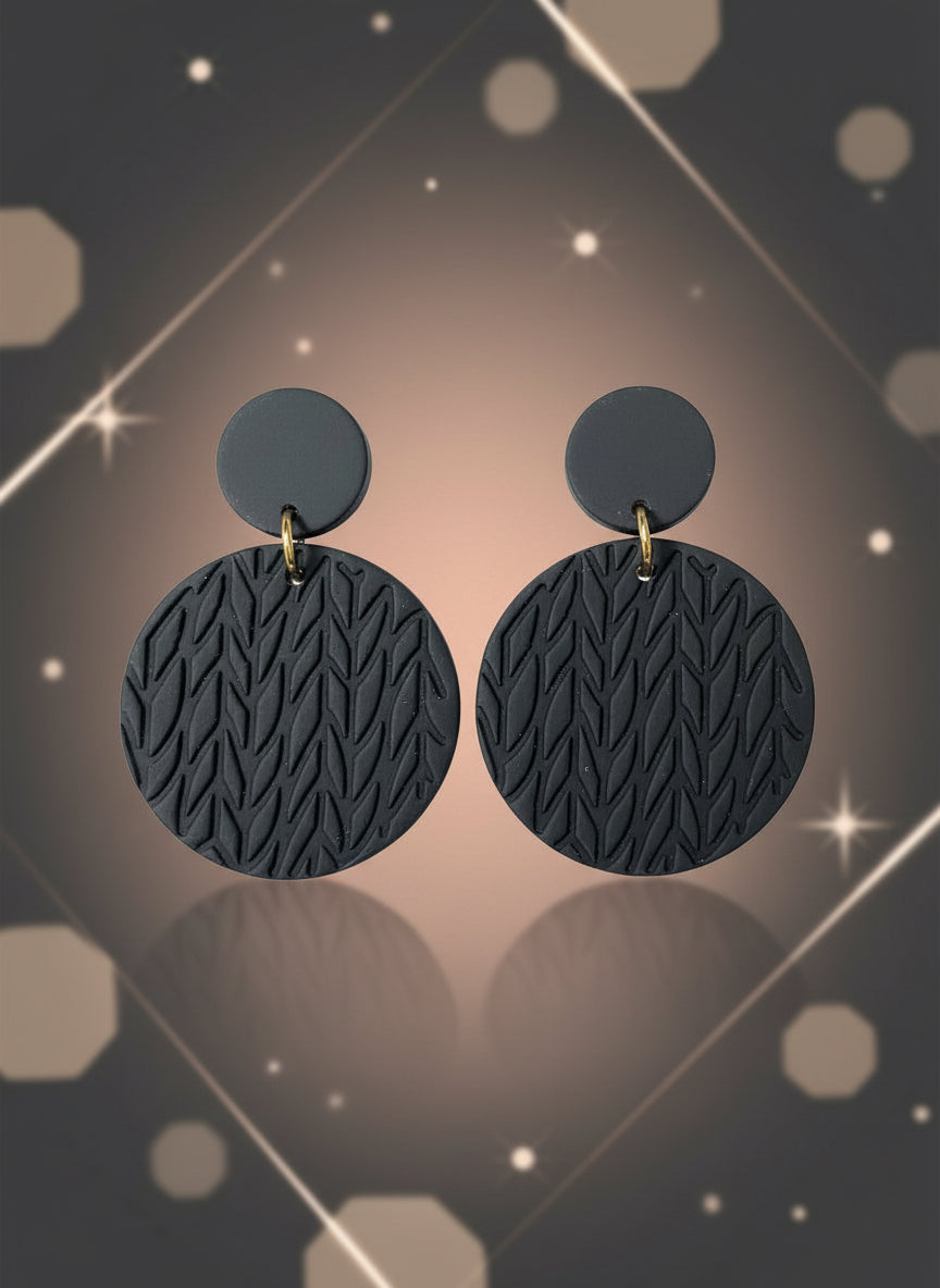 Black Textured Circle Earrings – Handmade Polymer Clay Minimalist Dangles