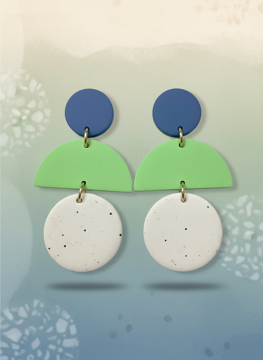Blue, Green & White Color Block Earrings – Modern Geometric Dangle Jewelry