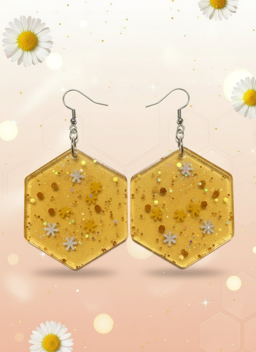 Amber Glitter Hexagon Earrings – Resin Geometric Dangle Jewelry