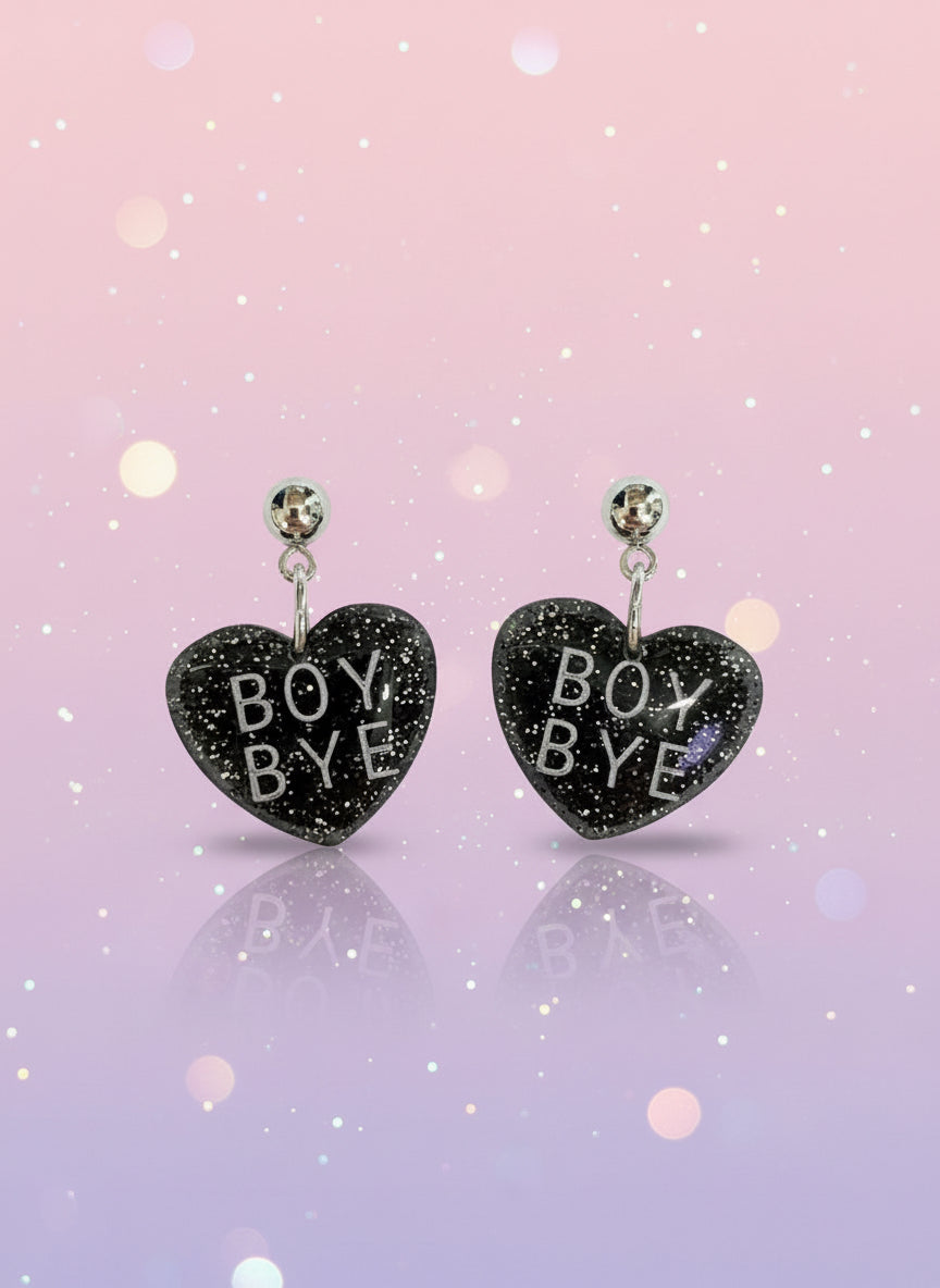 “BOY BYE” Glitter Heart Earrings – Handmade Polymer Clay Sassy Statement Dangles