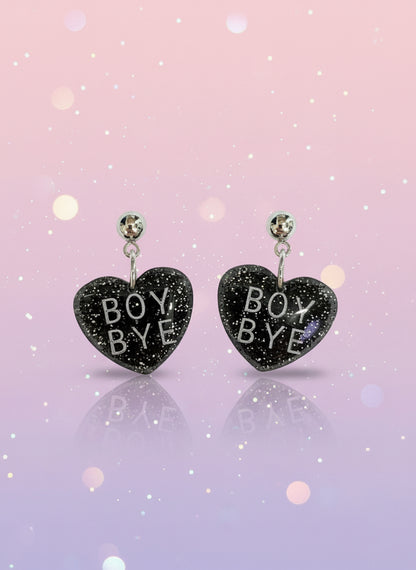 “BOY BYE” Glitter Heart Earrings – Handmade Polymer Clay Sassy Statement Dangles