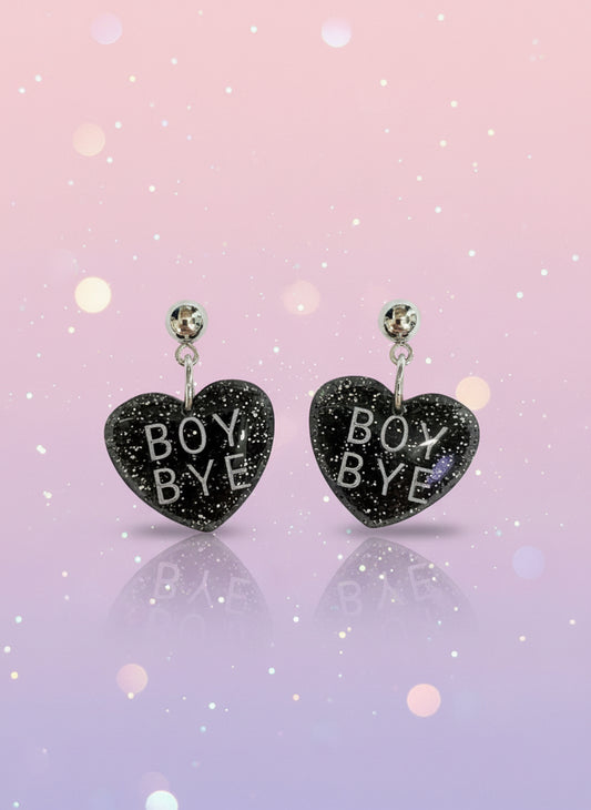 “BOY BYE” Glitter Heart Earrings – Handmade Polymer Clay Sassy Statement Dangles