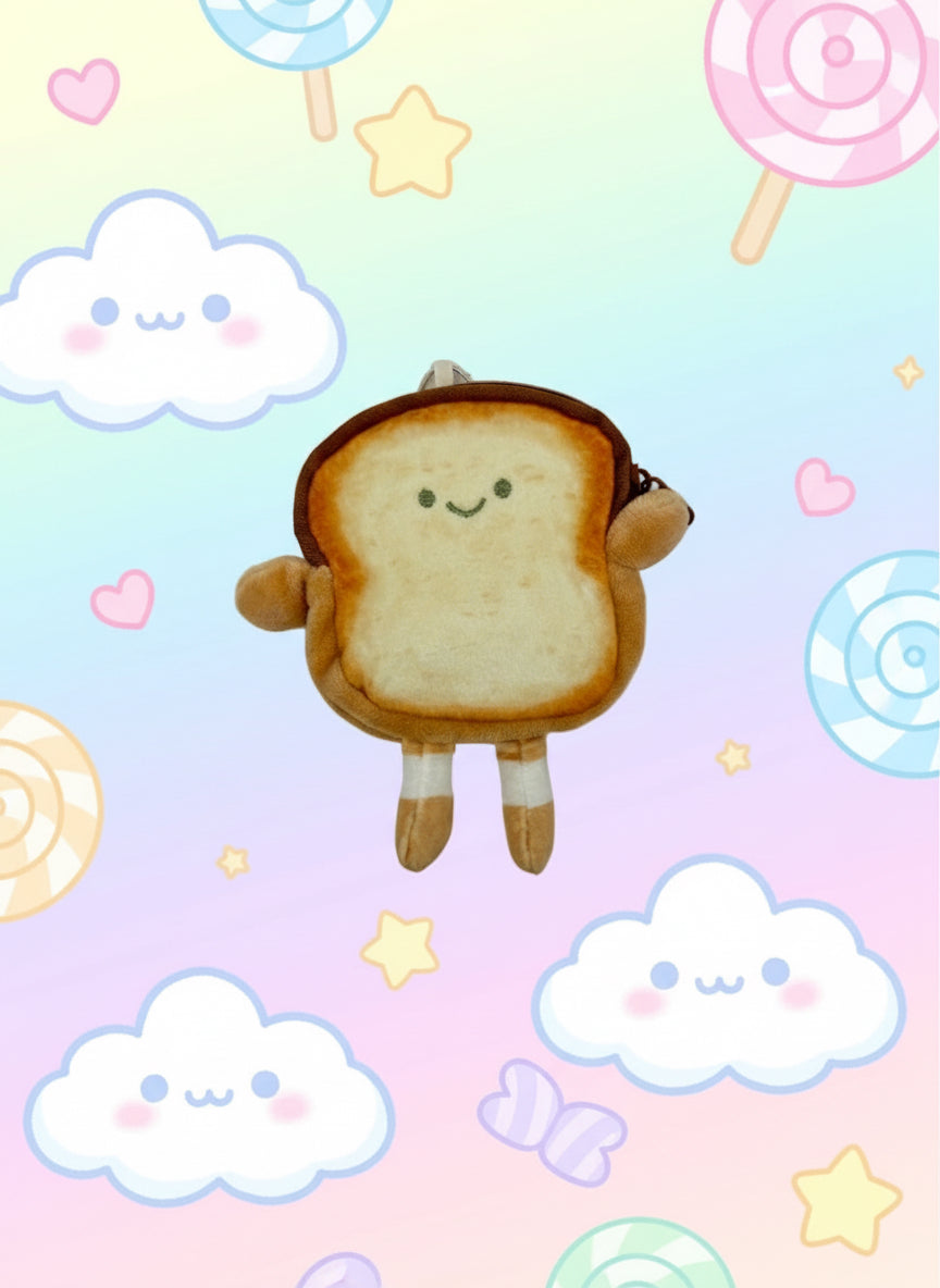 Cute Toast Plush Coin Purse featuring a smiling face against a pastel background.