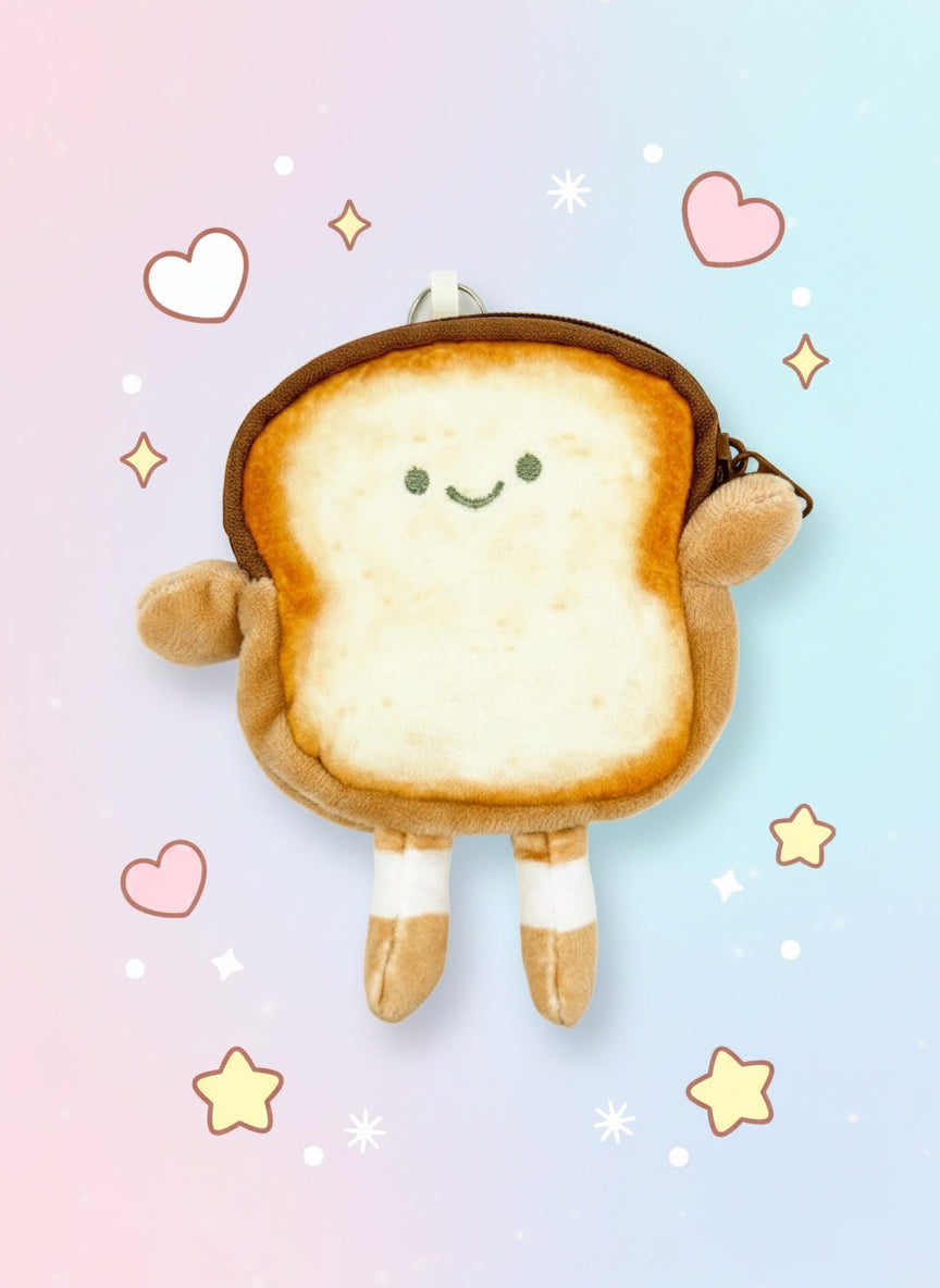 Cute Toast Plush Coin Purse – Soft bread wallet with a smiling face, perfect for storing small items and coins.