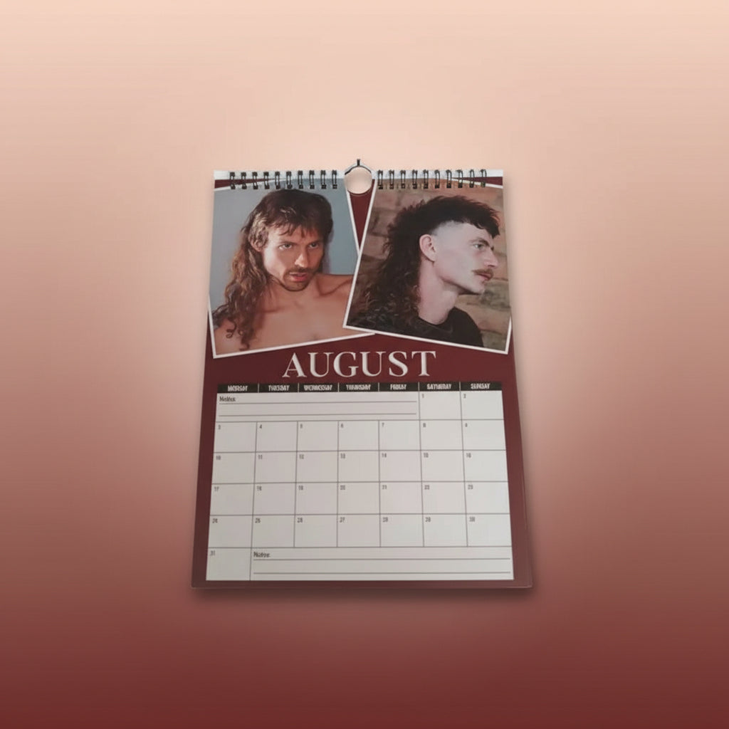 World's Greatest Mullets Calendar featuring August with two mullet hairstyles.