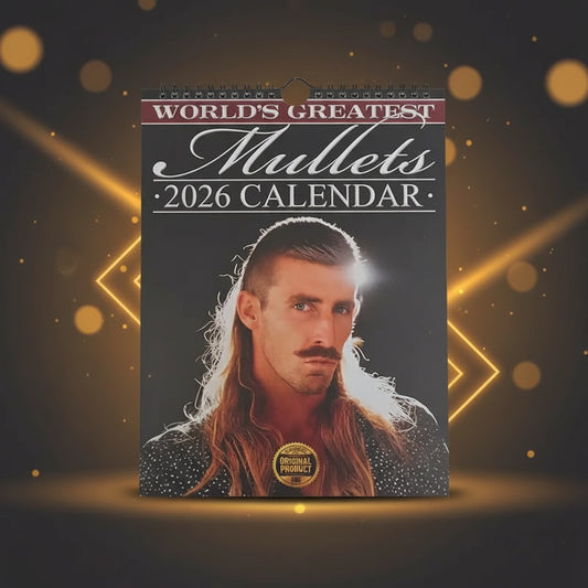Cover of the world's greatest mullets calendar featuring a muscular man with a mullet hairstyle.