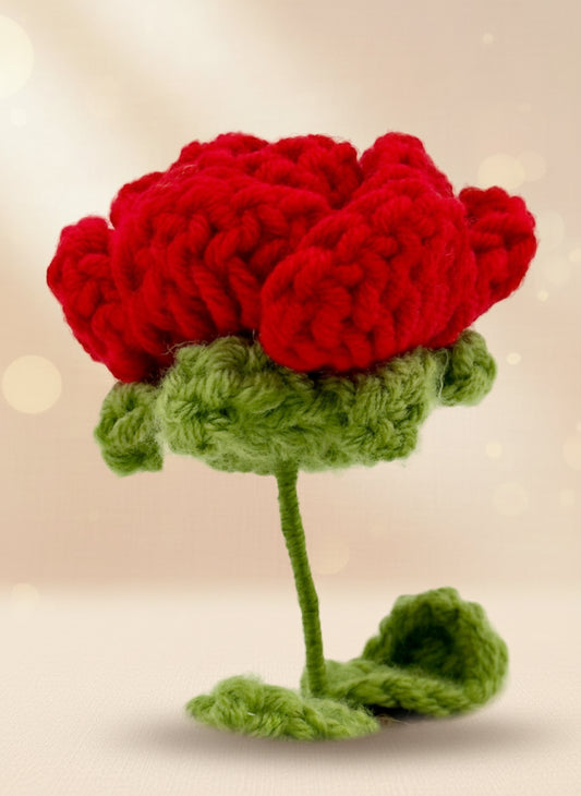 Emotional Support Rose Potted Plant by Craft-N-Crumble features a handcrafted red crochet rose with green leaves.