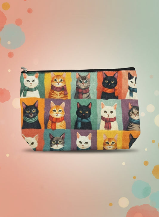 Cats travel cosmetic bag featuring adorable cat illustrations in vibrant colors on a foldable toiletry pouch.