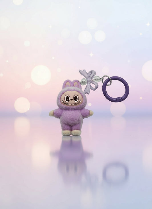 Purple plush keychain with a cute design on a white background