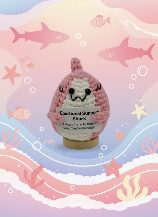 Emotional Support Shark by Craft-N-Crumble in pink crochet, offering encouragement and comfort.