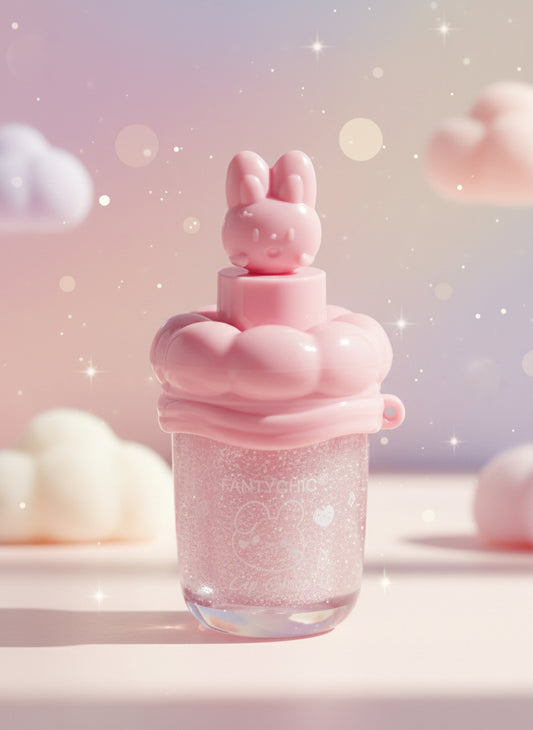 FANTYCHIC Gloss Lip Shine – Clear Sparkle Lip Gloss in Rabbit Tube featuring a pink rabbit cap and sparkling gloss.