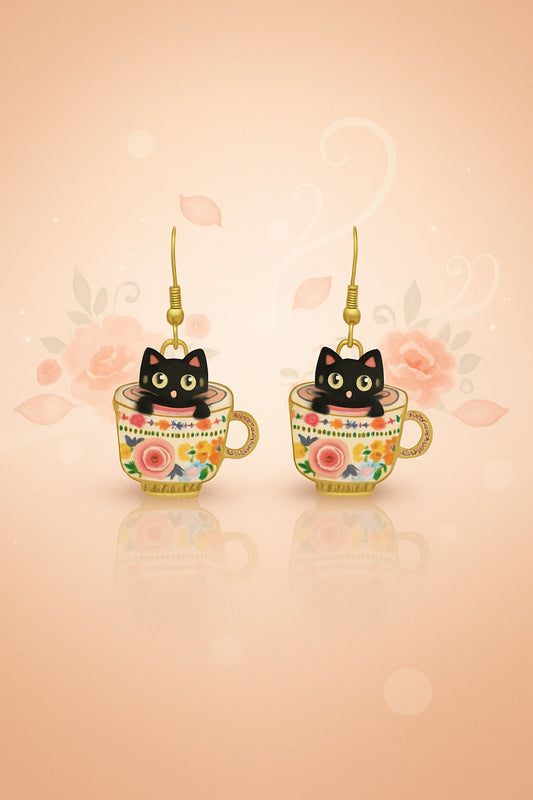 Vintage Cat Tea Earrings – Cute Kitty Teacup Dangle Jewelry