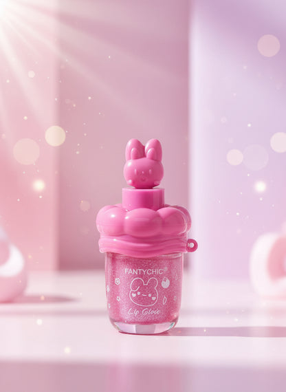 FANTYCHIC Gloss Lip Shine – Clear Sparkle Lip Gloss in Rabbit Tube, showcasing a pink rabbit tube with sparkles.