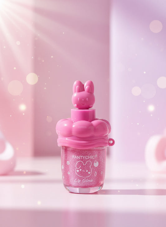FANTYCHIC Gloss Lip Shine – Clear Sparkle Lip Gloss in Rabbit Tube, showcasing a pink rabbit tube with sparkles.