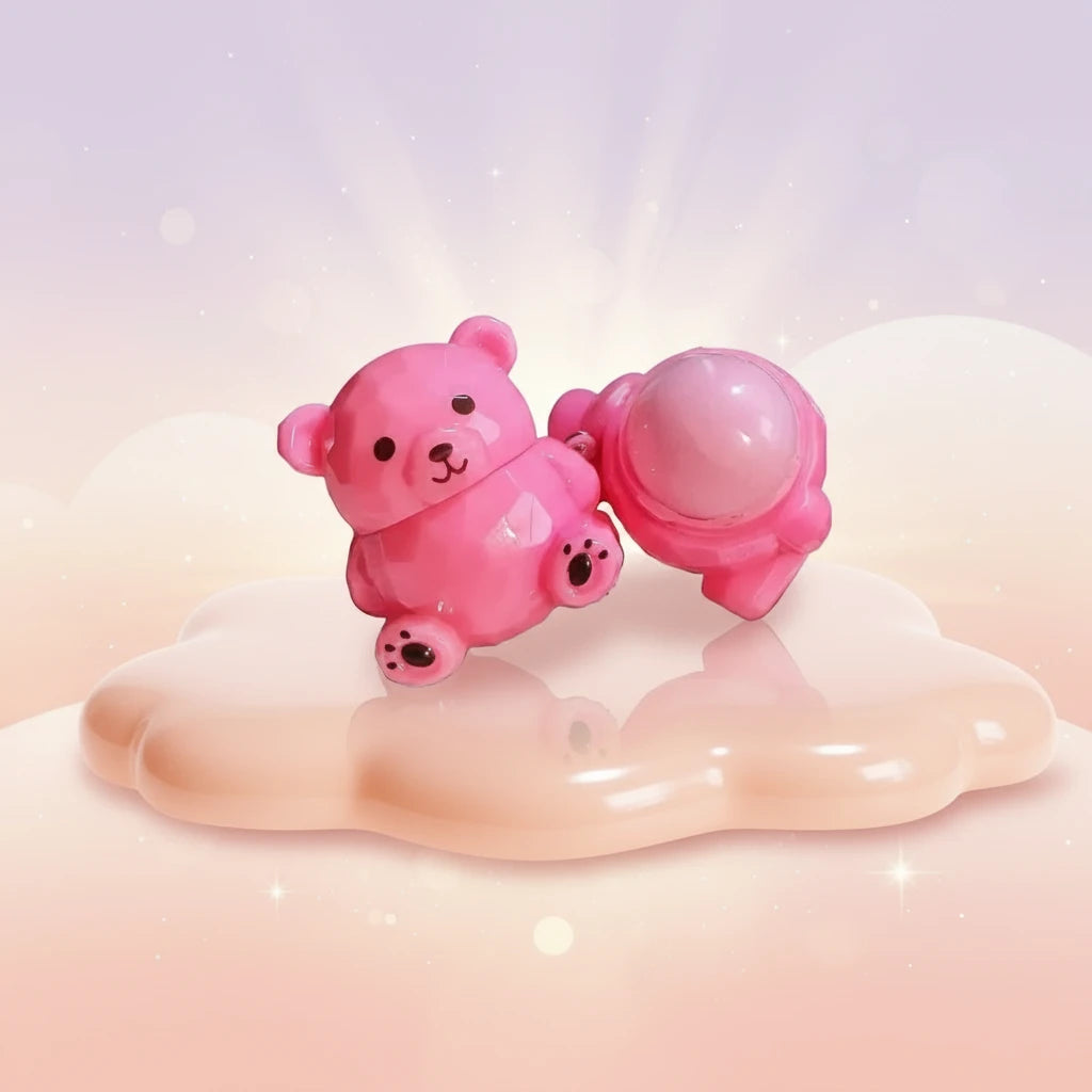 Bear Magic Lip Balm in cute pink bear shape, color-changing lip gloss that adapts to you.