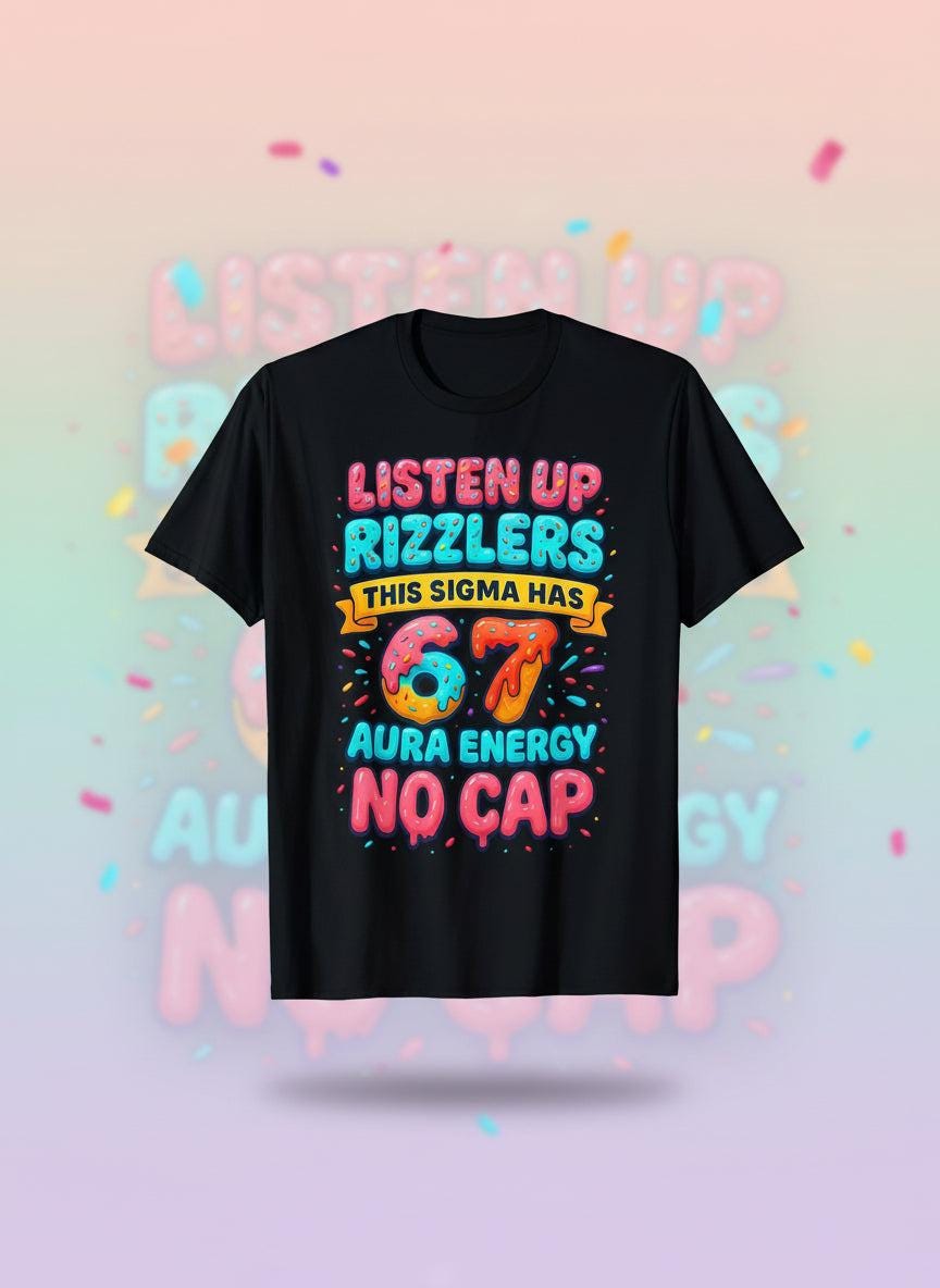 67 number six seven meme t-shirt featuring colorful graphics and humorous text on a black shirt.