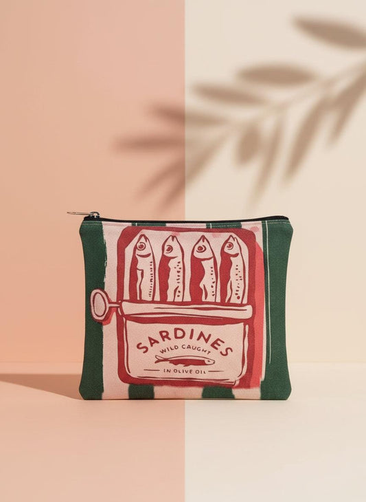 Sardine travel cosmetic bag with quirky fish design, perfect for organizing toiletries and makeup on the go.
