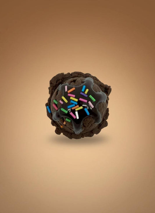 Realistic Fake Ice Cream Magnet featuring a chocolate dessert ball with colorful sprinkles on a smooth background.