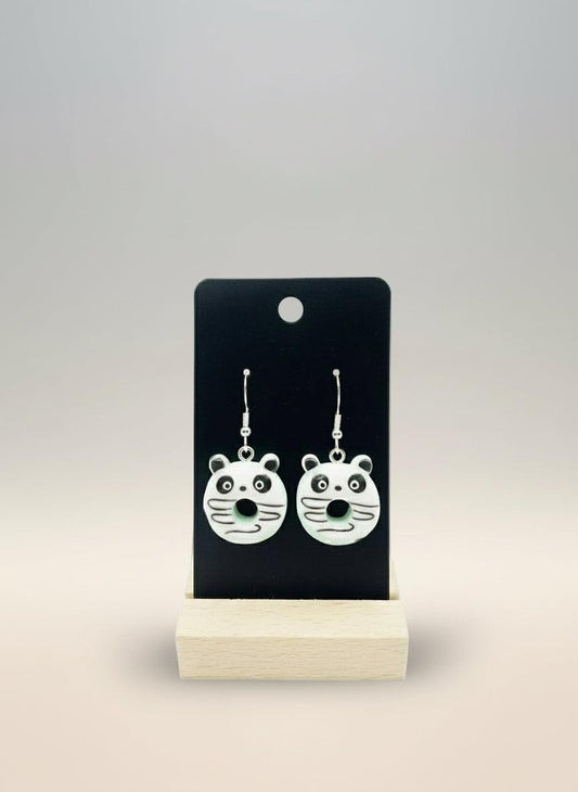 Cute Animal Donut Earrings with adorable tiger faces, handmade resin kawaii charm jewelry on display.