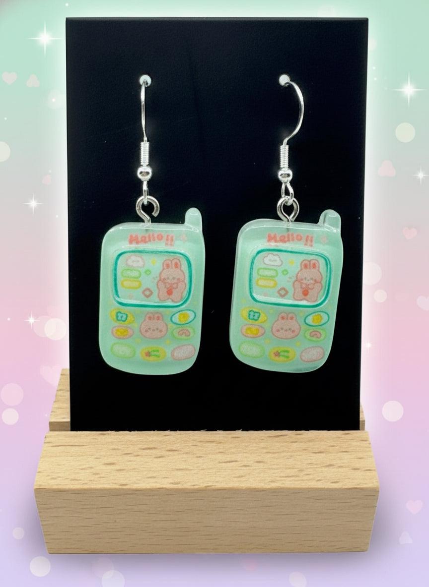 Adorable Kawaii Phone Earrings in colorful resin design featuring mini phone characters with cute cartoon details.