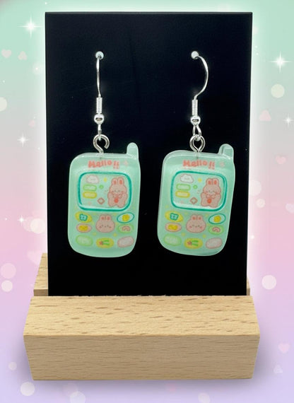 Adorable Kawaii Phone Earrings in colorful resin design featuring mini phone characters with cute cartoon details.