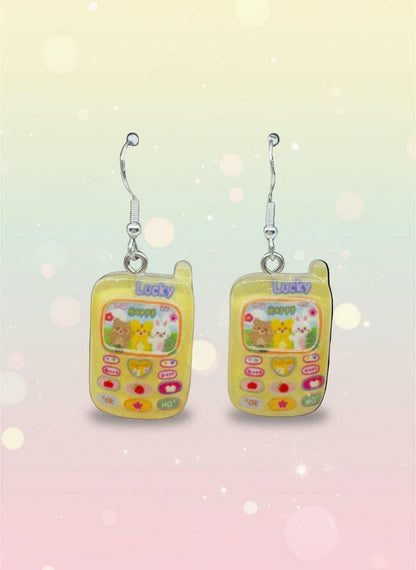 Adorable Kawaii Phone Earrings featuring cute mini phone characters in glossy resin finish.
