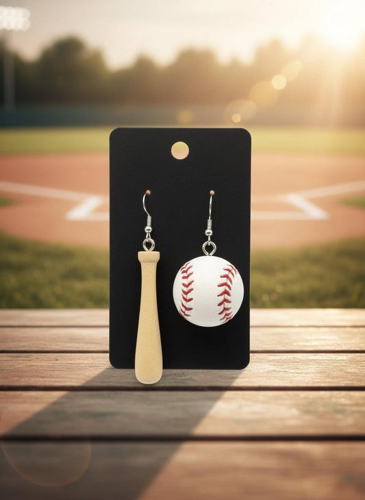 Baseball and bat earrings on a black card with a white background