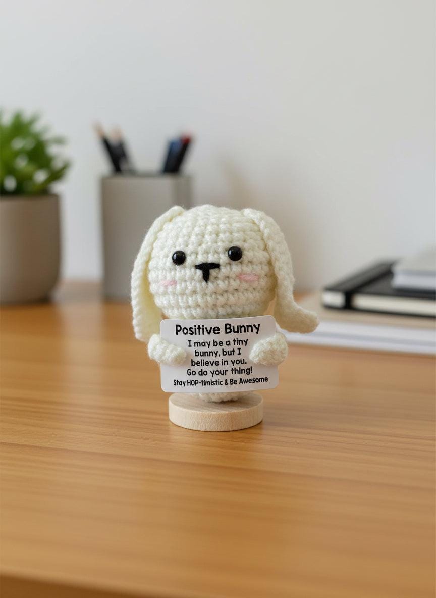 Crocheted bunny figure with a label on a white background