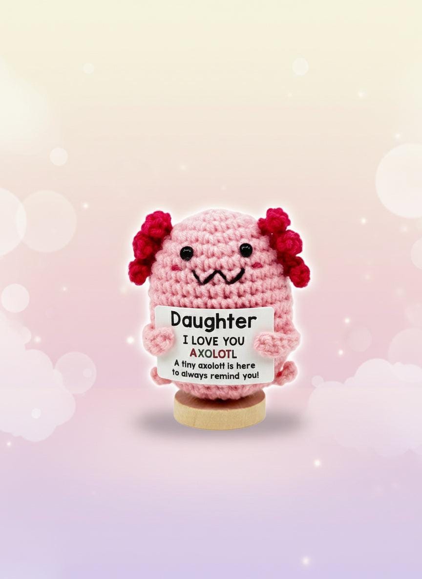 Emotional Support Axolotl by Craft-N-Crumble, a crochet companion holding a love message for daughters.