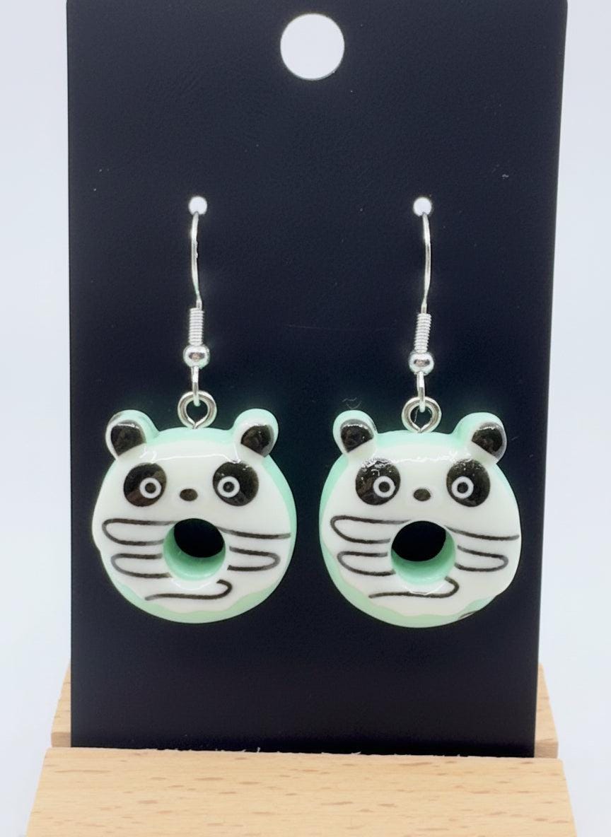Cute Animal Donut Earrings featuring panda faces in green and white resin for kawaii charm jewelry.