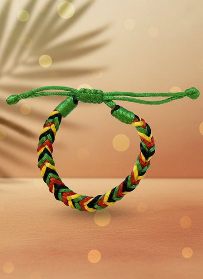 Bracelet with red, yellow, and green pattern on a white background