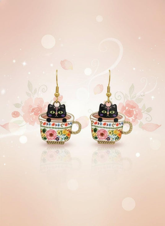 tea mug cat earrings