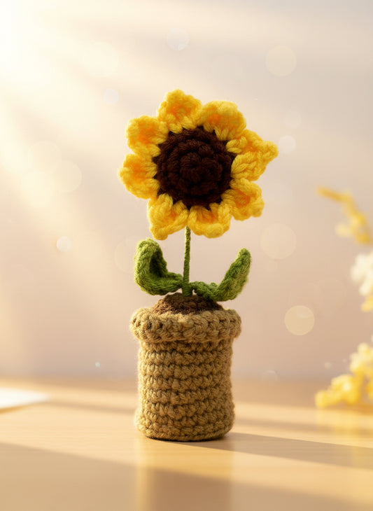 Crocheted sunflower in a pot on a plain background