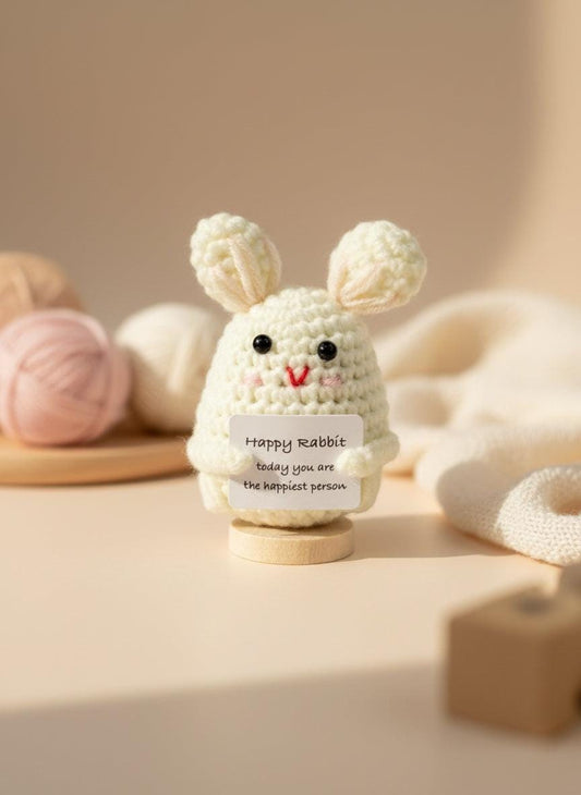 Crocheted rabbit plush toy with a message card on a white background