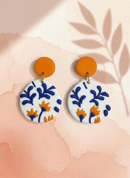 Blue & Orange Floral Circle Earrings – Handmade Polymer Clay Boho Dangle Jewelry